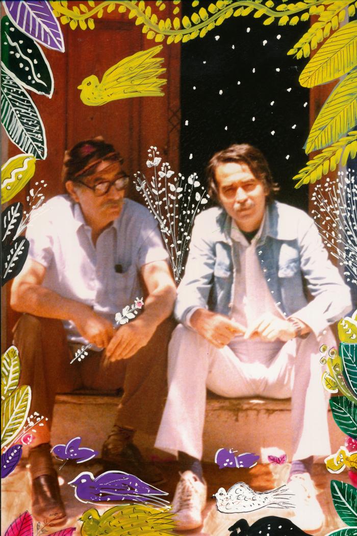 Κισσός Πηλίου 1984. Λάκης Παπαστάθης, Μανόλης Αναγνωστάκης. Φωτογραφία Εύη Τσακνιά.